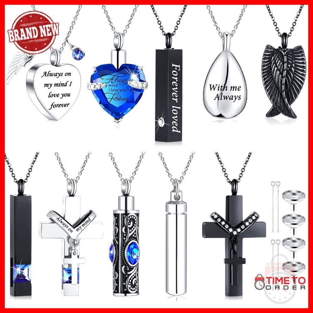 10 Piece Memorial Urn Necklace Set with Filling Tools, Stainless Steel